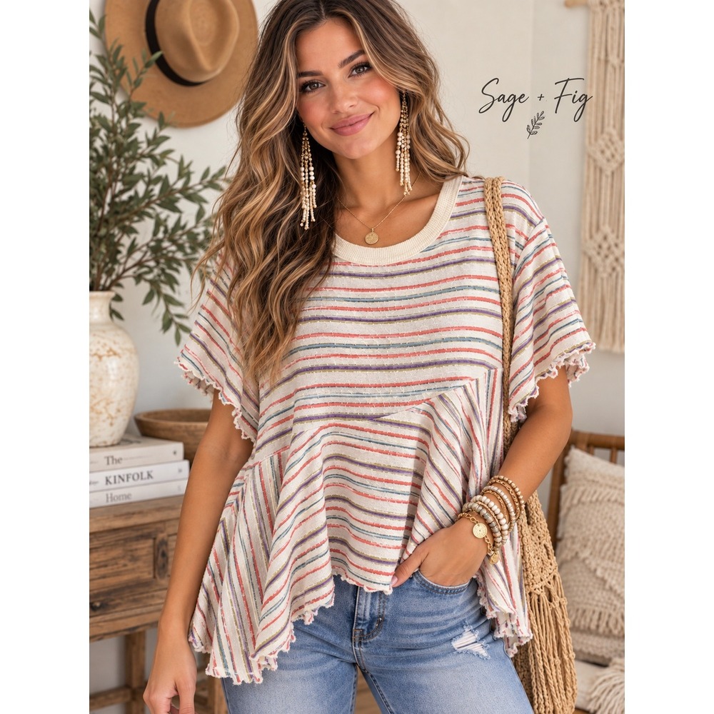 Sage + Fig Women Striped Asymmetrical Peplum Knit Top Multi Color SP7190 Large